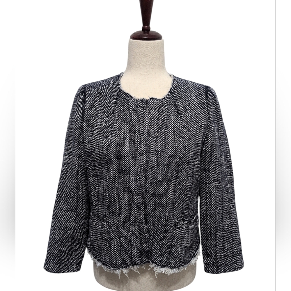 Chico's Black‎ Label Tweed Fringe Jacket Navy Blue Size 1 Medium